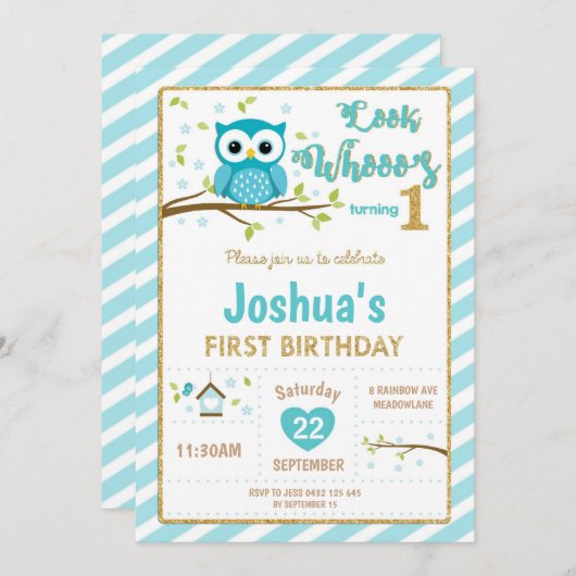 Owl 1. Geburtstag Einladung Boy Turquoise und Gold (Vorne/Hinten)