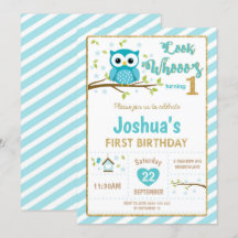 Owl 1. Geburtstag Einladung Boy Turquoise und Gold