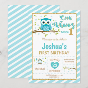Owl 1. Geburtstag Einladung Boy Turquoise und Gold