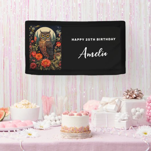 Owl at Night with a Full Moon Birthday Banner (Party)