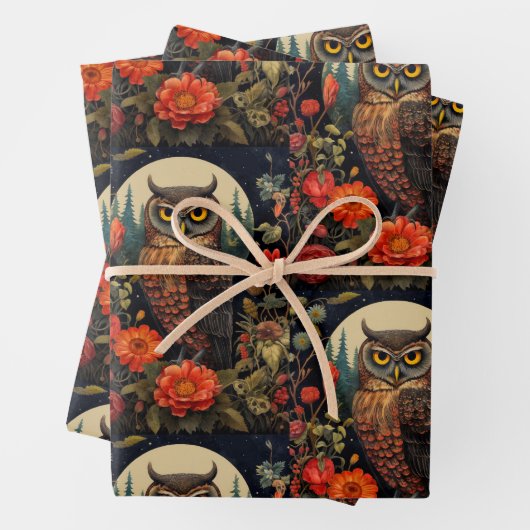 Owl at Night with a Full Moon Pattern Geschenkpapier Set (Beispiel)