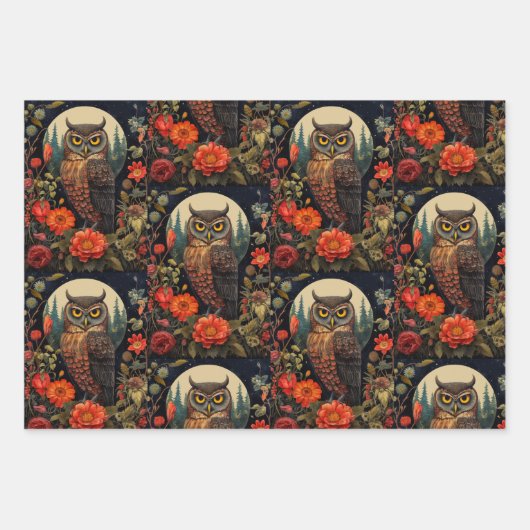 Owl at Night with a Full Moon Pattern Geschenkpapier Set (Vorderseite)