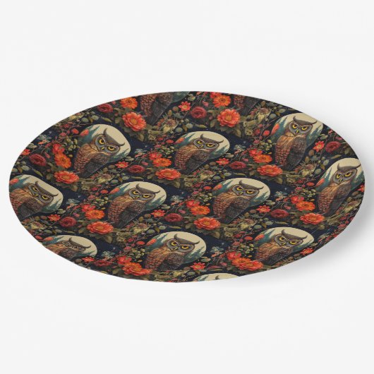 Owl at Night with a Full Moon Pattern Pappteller (Schrägansicht)