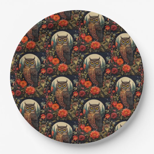 Owl at Night with a Full Moon Pattern Pappteller (Vorderseite)