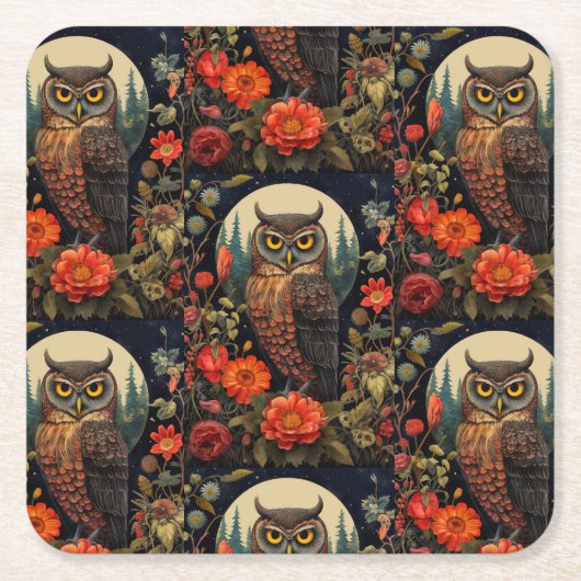 Owl at Night with a Full Moon Pattern Rechteckiger Pappuntersetzer (Vorderseite)
