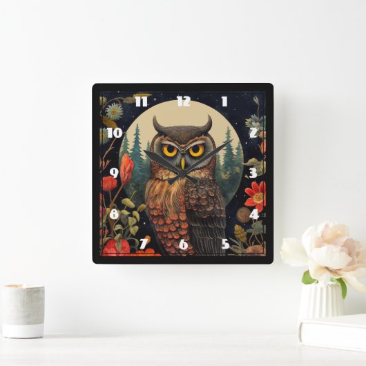 Owl at Night with a Full Moon Quadratische Wanduhr (Zuhause)