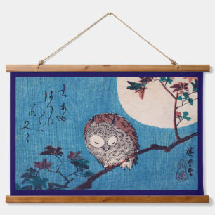 Owl auf Ahornzweig unter Vollmond, Hiroshige Wandteppich Mit Holzrahmen