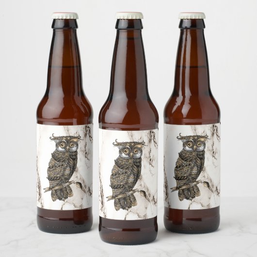Owl auf braunem Marmor Bierflaschenetikett (Flaschen)