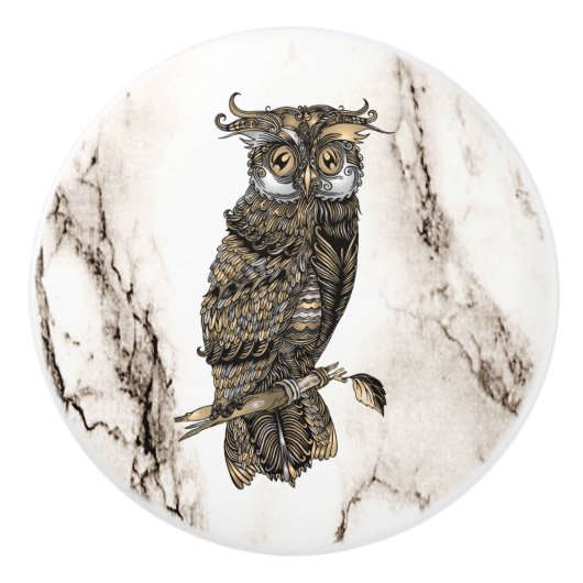 Owl auf braunem Marmor Keramikknauf (Vorderseite)