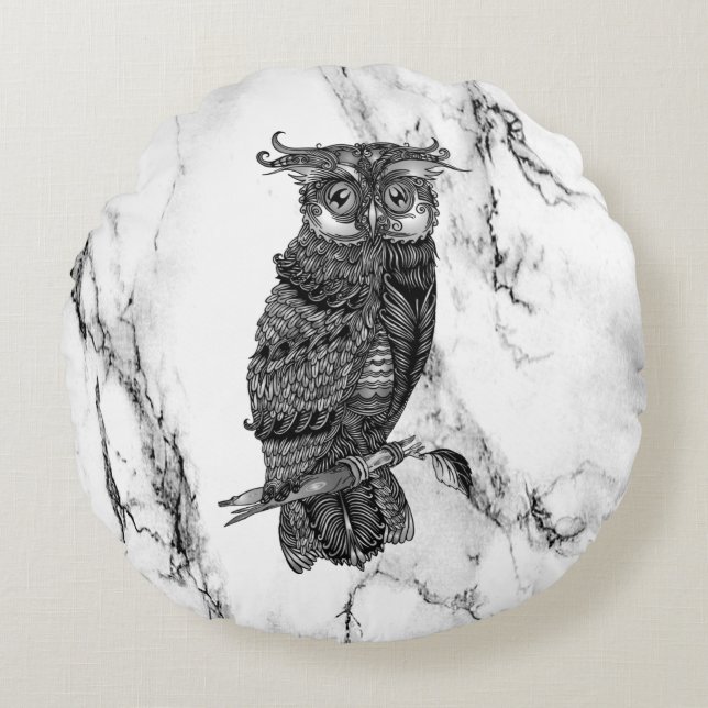 Owl auf Marmor Rundes Kissen (Vorderseite)