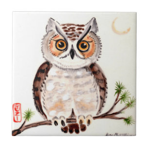 Owl auf Zweig mit Moon Woodland Minimal Art TUZI Fliese