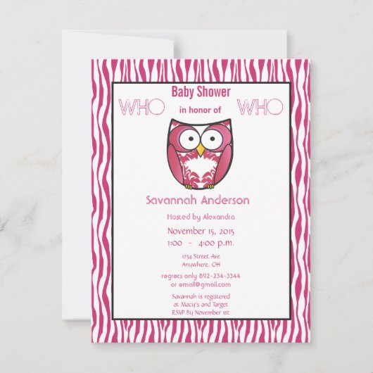 Owl Baby Girl PINK Zebra Stripe Dusche Einladung (Vorderseite)