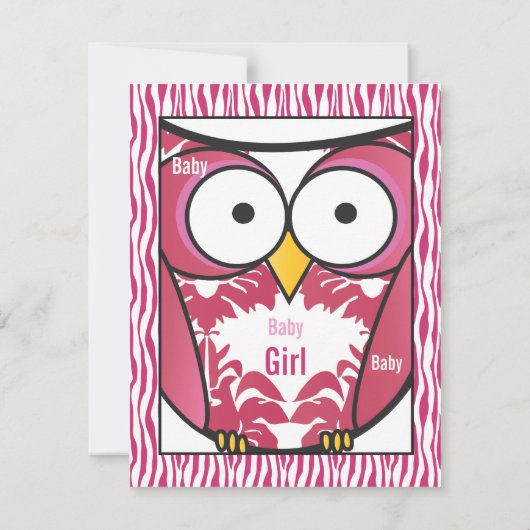 Owl Baby Girl PINK Zebra Stripe Dusche Einladung (Rückseite)