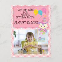 Owl Balloon Pink Gingham Birthday Foto Rett Date