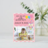 Owl Balloon Pink Gingham Birthday Foto Rett Date Postkarte (Stehend Vorderseite)