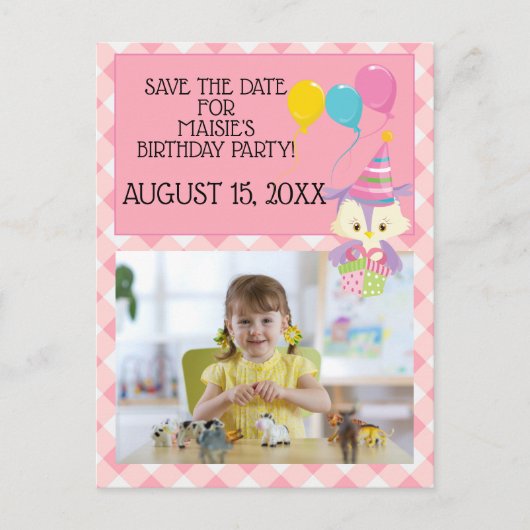 Owl Balloon Pink Gingham Birthday Foto Rett Date Postkarte (Vorderseite)