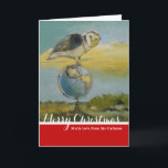 Owl Beach Earth Globe Bird Wildlife Painting Feiertagskarte<br><div class="desc">Owl and the Globe - Eine schöne,  weiche Eule,  die auf einer Weltkarte sitzt,  mit einem Urlaubstrandhintergrund,  von der Künstlerin Mary Hubley. Ein Bild von Vogelkunst-Kunstwerken.</div>