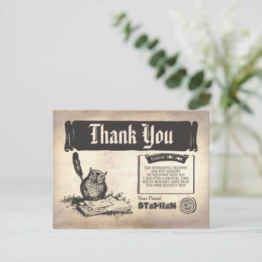 Owl Birthday Magic Danke Postkarte (Stehend Vorderseite)