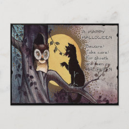 Owl Black Cat Full Moon Tree Night Postkarte