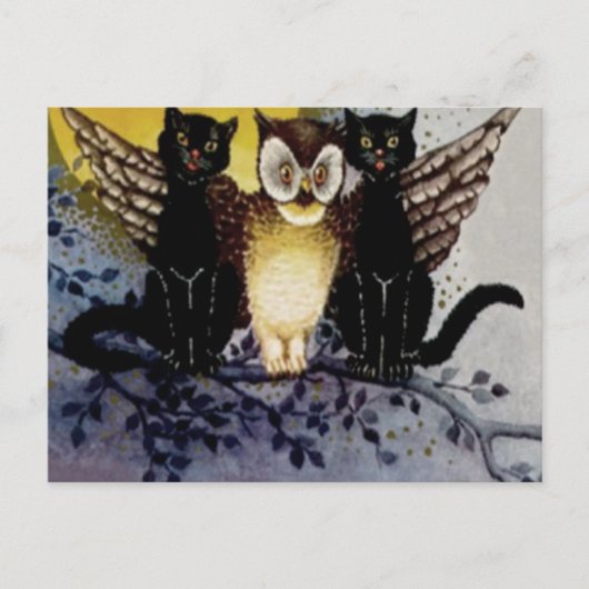 Owl Black Cat Full Moon Tree Night Postkarte (Vorderseite)