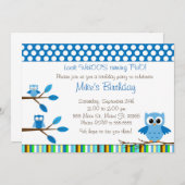Owl Blue Brown Kindergeburtstag Party Einladung (Vorne/Hinten)