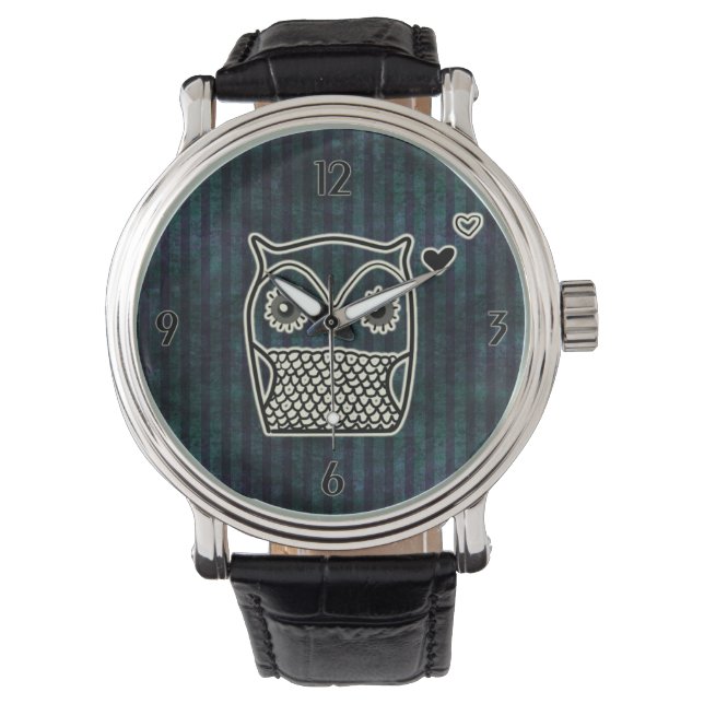 Owl Blue Grunge Lederriemen Armbanduhr (Vorderseite)