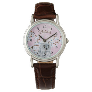 Owl Blue Pink Cherry Blüten Zahlen Monogramm Armbanduhr