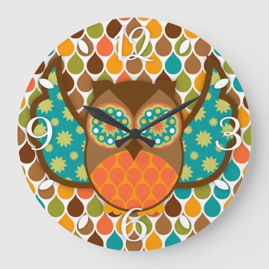 Owl Boheme Brown & Aquamarin Clock Große Wanduhr (Vorderseite)