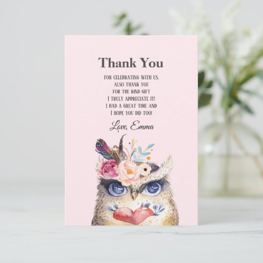 OWL, Bohemian, boho blumenreich Dankeskarte (Stehend Vorderseite)