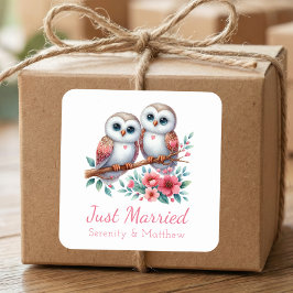 Owl Boho Rustic Country Woodland Just Married Quadratischer Aufkleber