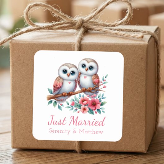 Owl Boho Rustic Country Woodland Just Married Quadratischer Aufkleber