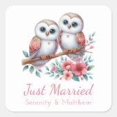 Owl Boho Rustic Country Woodland Just Married Quadratischer Aufkleber (Vorderseite)