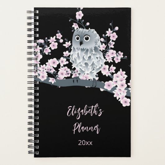 Owl Cherry Blossom Pink Black | Name/Jahr hinzufüg Planer (Vorderseite)