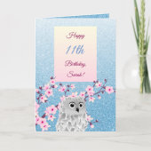 Owl Cherry Blüten Happy Birthday Blue Glitzer Karte (Vorderseite)