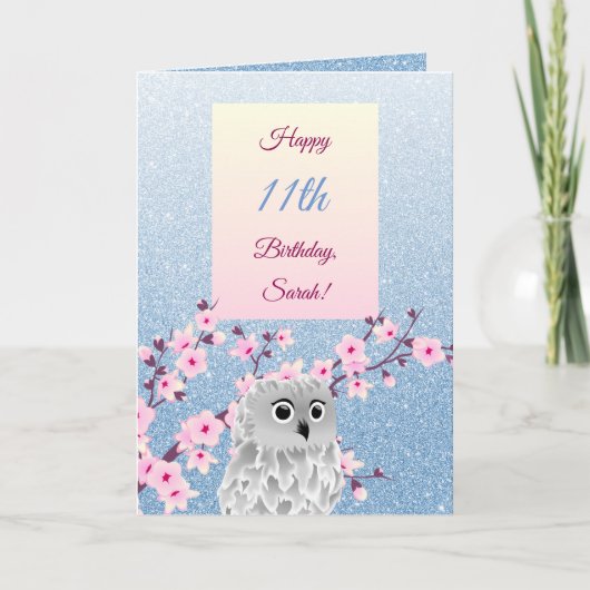 Owl Cherry Blüten Happy Birthday Blue Glitzer Karte (Vorderseite)