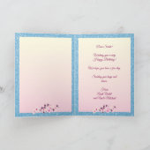 Owl Cherry Blüten Happy Birthday Blue Glitzer Karte (Innenseite)