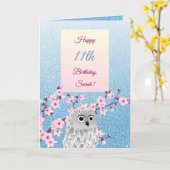 Owl Cherry Blüten Happy Birthday Blue Glitzer Karte (Gelbe Blume)
