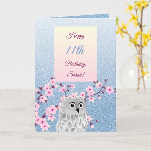 Owl Cherry Blüten Happy Birthday Blue Glitzer Karte (Gelbe Blume)