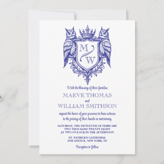 Owl Crest Royal Monogram Wedding Invitation (Vorderseite)