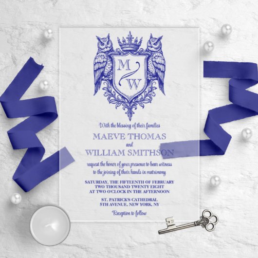 Owl Crest Royal Monogram Wedding Invitation Acryleinladungen