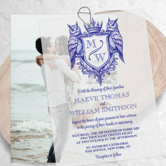 Owl Crest Royal Monogram Wedding Vellum Overlay Pergament Einladungen