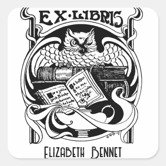 Owl Ex Libris Buchzeichen Quadratischer Aufkleber (Vorderseite)