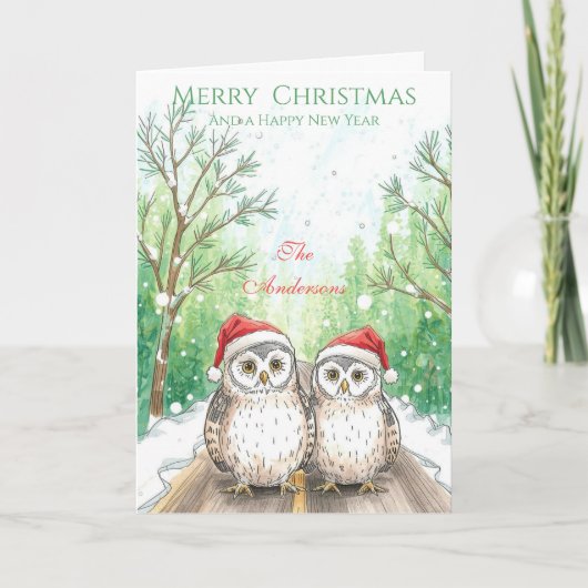 Owl Family Christmas Card – Green Woodland Owls Karte (Vorderseite)