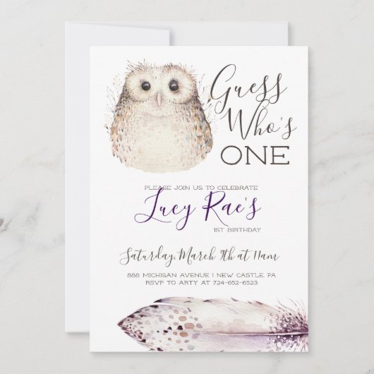 Owl First Birthday Party Einladung (Vorderseite)