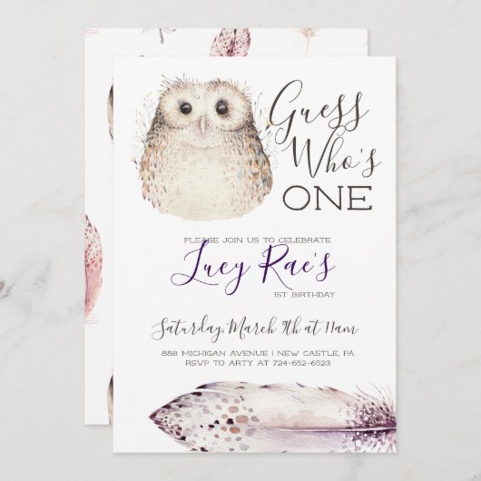 Owl First Birthday Party Einladung (Vorne/Hinten)