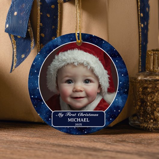 Owl Flying Across Starry Night First Xmas Photo Keramik Ornament