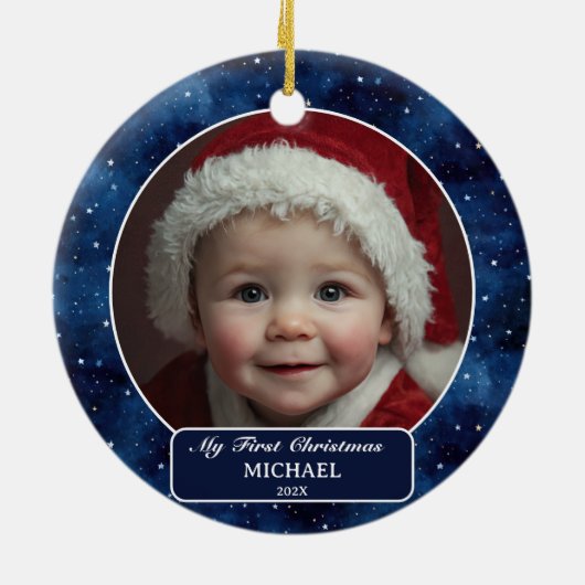 Owl Flying Across Starry Night First Xmas Photo Keramik Ornament (Hinten)