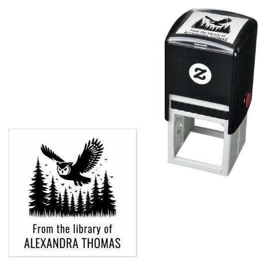 Owl Flying Angled View Fir Trees Library Name Permastempel (Beispiel)