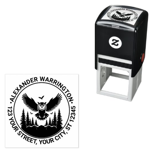Owl Flying Front View Bretterbaum Name Ret-Adresse Permastempel (Beispiel)