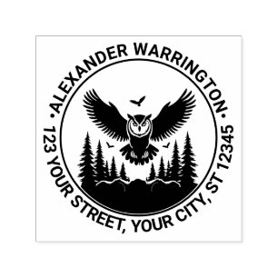 Owl Flying Front View Bretterbaum Name Ret-Adresse Permastempel